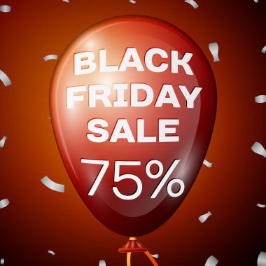 Gerçekçi parlak kırmızı balon metin kırmızı arka plan üzerinden indirim için siyah Cuma satış yetmiş beş yüzde ile. İş şablonunuz için siyah Cuma balon kavramı. Vektör çizim