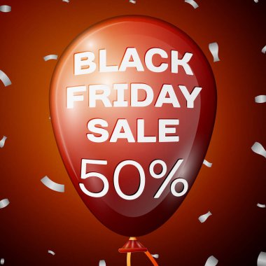 Gerçekçi parlak kırmızı balon metin kırmızı arka plan üzerinden indirim için siyah Cuma satış elli yüzde ile. İş şablonunuz için siyah Cuma balon kavramı. Vektör çizim