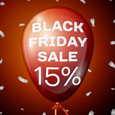 Gerçekçi parlak kırmızı balon metin kırmızı arka plan üzerinden indirim için siyah Cuma satış on beş yüzde ile. İş şablonunuz için siyah Cuma balon kavramı. Vektör çizim