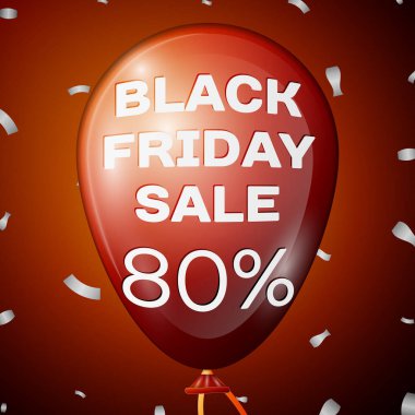 Gerçekçi parlak kırmızı balon metin kırmızı arka plan üzerinden indirim için siyah Cuma satış seksen yüzde ile. İş şablonunuz için siyah Cuma balon kavramı. Vektör çizim