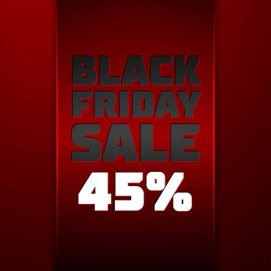 Gerçekçi kırmızı kurdele metin ile siyah Cuma satış kırk beş yüzde indirim kırmızı arka plan için. Renkli etiket, satış, alışveriş, iş Tema için afiş. Tasarımınız için vektör şablonu