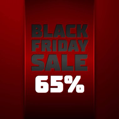 Gerçekçi kırmızı kurdele metin ile siyah Cuma satış indirim kırmızı arka plan için yüzde altmış beş. Renkli etiket, satış, alışveriş, iş Tema için afiş. Tasarımınız için vektör şablonu
