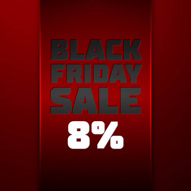 Gerçekçi kırmızı kurdele metin ile siyah Cuma satış indirim kırmızı arka plan için yüzde sekiz. Renkli etiket, satış, alışveriş, iş Tema için afiş. Tasarımınız için vektör şablonu