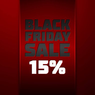 Gerçekçi kırmızı kurdele metin ile siyah Cuma satış indirim kırmızı arka plan için yüzde onbeş. Renkli gerçekçi plakası, satış, alışveriş, iş Tema için afiş. Tasarımınız için vektör şablonu