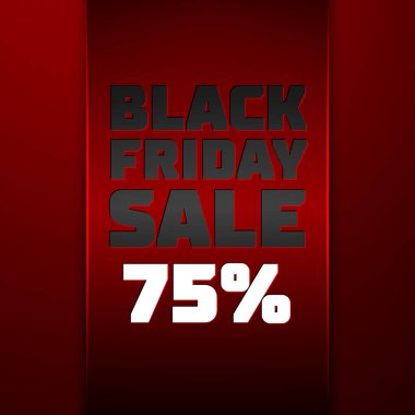 Gerçekçi kırmızı kurdele metin ile siyah Cuma satış indirim kırmızı arka plan için yüzde yetmiş beş. Renkli etiket, satış, alışveriş, iş Tema için afiş. Tasarımınız için vektör şablonu