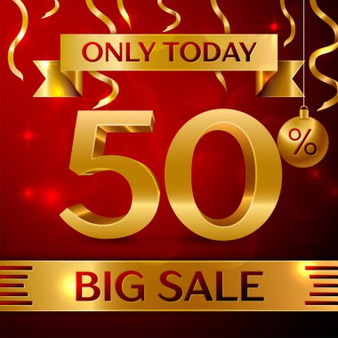 Gerçekçi afiş Merry Christmas metin büyük bir indirim ile sadece bugün kırmızı zemin üzerine için yüzde 50 indirim. Konfeti, Noel top ve altın şerit. Vektör çizim