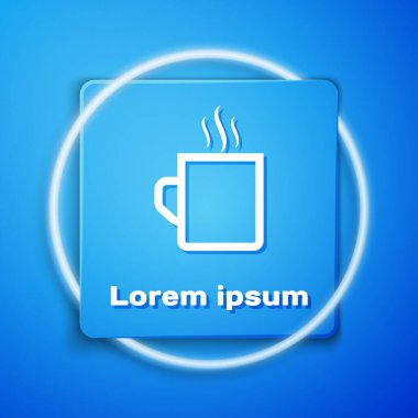 Beyaz Kahve fincan düz simgesi mavi arka plan üzerinde izole. Çay bardağı. Sıcak içecek kahve. Mavi kare düğmesi. Vektör İllüstrasyonu