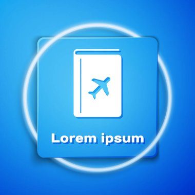 Beyaz Kapak kitabı seyahat rehberi simgesi mavi arkaplanda izole edildi. Mavi kare düğme. Vektör İllüstrasyonu