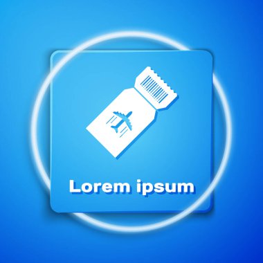 Beyaz Havayolları bilet ikonu mavi arka planda izole edildi. Uçak bileti. Mavi kare düğme. Vektör İllüstrasyonu