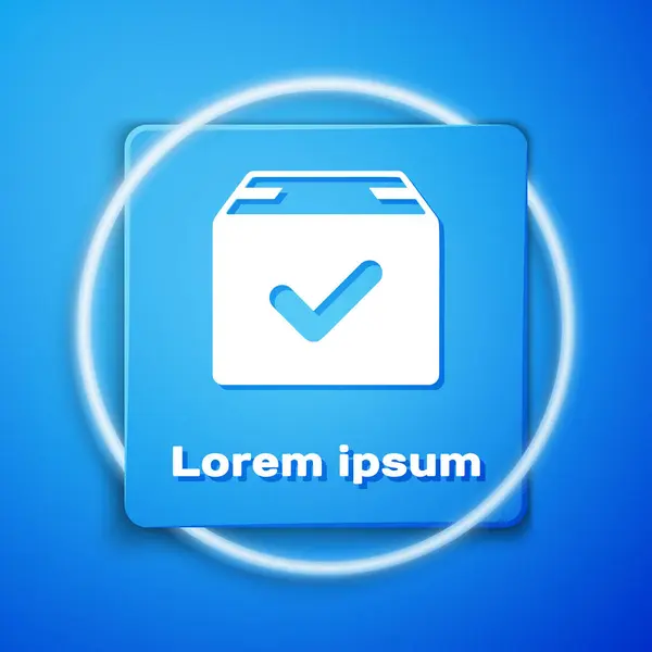 Белая коробка с галочкой на синем фоне. Упаковка с галочкой. Утвержденная поставка или успешное получение пакета. Синяя квадратная кнопка. Векторная миграция — стоковый вектор