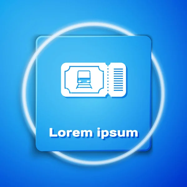 Білий пілотований квиток був ізольований на синьому фоні. Подорож залізницею. Синя квадратна кнопка. Векторний приклад — стоковий вектор