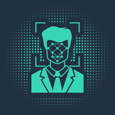 Mavi arkaplanda yeşil yüz tanıma simgesi izole edildi. Yüz tanımlama simgesi. Yüz tanıma. Siber güvenlik kavramı. Soyut çember rastgele noktalar. Vektör İllüstrasyonu