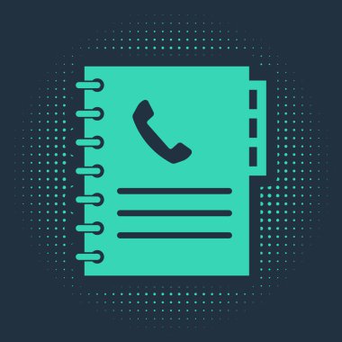 Mavi arkaplanda yeşil telefon rehberi simgesi izole edildi. Adres defteri. Telefon rehberi. Soyut çember rastgele noktalar. Vektör İllüstrasyonu