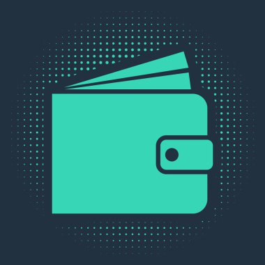 Mavi arka planda yeşil cüzdan simgesi izole edildi. Soyut çember rastgele noktalar. Vektör İllüstrasyonu