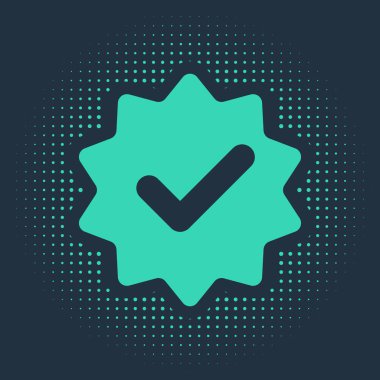 Mavi arka planda yeşil onaylı ya da onaylı kurdeleli madalya ve işaret simgesi var. Soyut çember rastgele noktalar. Vektör İllüstrasyonu