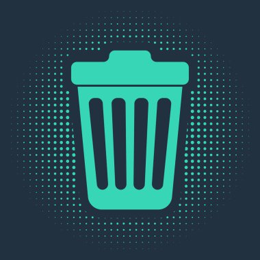Mavi arkaplanda yeşil çöp kutusu simgesi izole edildi. Çöp kutusu tabelası. Soyut çember rastgele noktalar. Vektör İllüstrasyonu