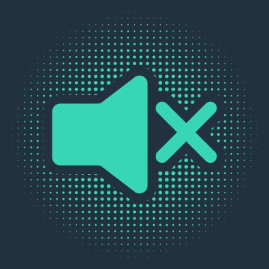 Yeşil Hoparlör sessiz simgesi mavi arkaplanda izole edildi. Ses simgesi yok. Ses Kapalı sembolü. Soyut çember rastgele noktalar. Vektör İllüstrasyonu