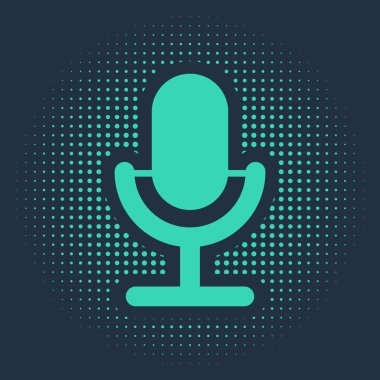 Mavi arkaplanda yeşil mikrofon simgesi izole edildi. Radyodaki mikrofondan. Sözcü işareti. Soyut çember rastgele noktalar. Vektör İllüstrasyonu