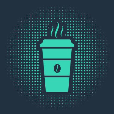 Mavi arkaplanda yeşil kahve bardağı simgesi izole edildi. Tek kullanımlık kahve bardağı ve sıcak kahve. Soyut çember rastgele noktalar. Vektör İllüstrasyonu