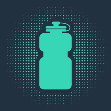 Mavi arka planda su ikonu olan yeşil spor şişesi. Soyut çember rastgele noktalar. Vektör İllüstrasyonu