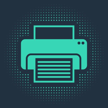 Mavi arkaplanda yeşil yazıcı simgesi izole edildi. Soyut çember rastgele noktalar. Vektör İllüstrasyonu