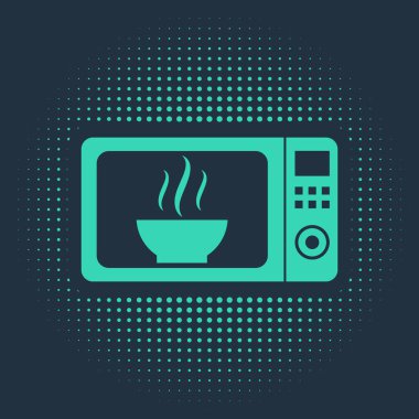 Mavi arkaplanda yeşil mikrodalga fırın ikonu var. Ev aletleri simgesi. Soyut çember rastgele noktalar. Vektör İllüstrasyonu