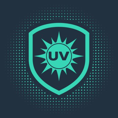 Mavi arkaplanda yeşil UV koruma simgesi izole edildi. Güneş ve kalkan. Ultra menekşe ışınları radyasyon. Güneş ışığı işareti. Soyut çember rastgele noktalar. Vektör İllüstrasyonu