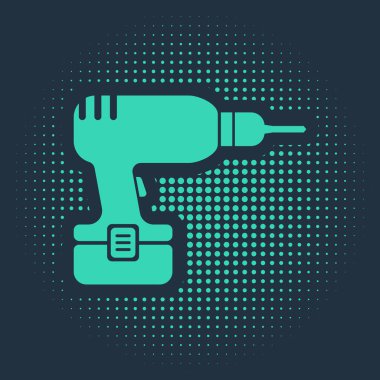 Mavi arkaplanda yeşil sondaj makinesi simgesi izole edildi. Soyut çember rastgele noktalar. Vektör İllüstrasyonu