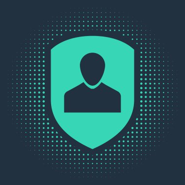 Yeşil Kullanıcı koruma simgesi mavi arkaplanda izole edildi. Güvenli kullanıcı girişi, şifre koruması, kişisel veri koruması, kimlik doğrulama simgesi. Soyut çember rastgele noktalar. Vektör İllüstrasyonu