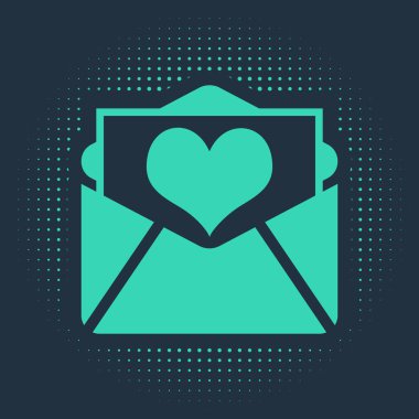 Mavi arka planda Sevgililer Günü kalp ikonu olan yeşil zarf. Aşk ve romantizm mektubu. Soyut çember rastgele noktalar. Vektör İllüstrasyonu