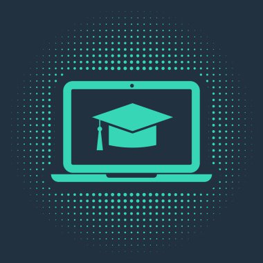 Ekran dizüstü bilgisayarındaki yeşil mezuniyet başlığı mavi arkaplanda izole edilmiş. Çevrimiçi öğrenme ya da e-öğrenme kavramı. Soyut çember rastgele noktalar. Vektör İllüstrasyonu