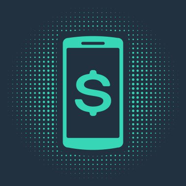 Mavi arkaplanda dolar sembolü olan yeşil akıllı telefon. İnternetten alışveriş konsepti. Finansal cep telefonu simgesi. Çevrimiçi ödeme. Soyut çember rastgele noktalar. Vektör İllüstrasyonu