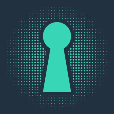 Mavi arkaplanda yeşil anahtar deliği simgesi izole edildi. Başarının anahtarı. Anahtar deliği bilmece, sır, güvenlik, güvenlik kavramını ifade eder. Soyut çember rastgele noktalar. Vektör İllüstrasyonu