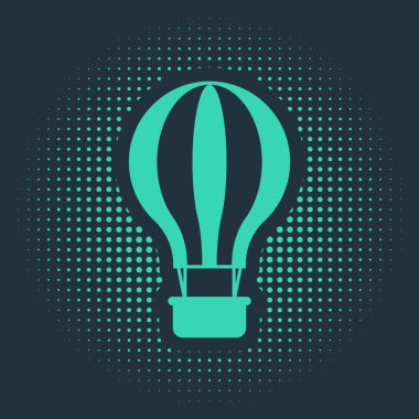 Yeşil Sıcak Hava Balonu simgesi mavi arkaplanda izole edildi. Seyahat için hava taşımacılığı. Soyut çember rastgele noktalar. Vektör İllüstrasyonu