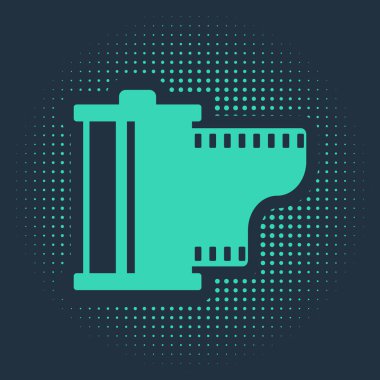 Yeşil Kamera klasik film rulo kartuş ikonu mavi arka planda izole edildi. Film makarası. 35 mm 'lik film kutusu. Film şeridi fotoğrafçı ekipmanı. Soyut çember rastgele noktalar. Vektör İllüstrasyonu