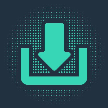 Yeşil İndirme simgesi mavi arkaplanda izole edildi. Gönderme düğmesi. Sembolü yükle. Ok uçtan uca. Soyut çember rastgele noktalar. Vektör İllüstrasyonu