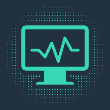 Mavi arkaplanda kardiyogram simgesi olan yeşil bilgisayar monitörü izole edildi. Simge denetleniyor. Kalp atışı elle çizilmiş EKG monitörü. Soyut çember rastgele noktalar. Vektör İllüstrasyonu
