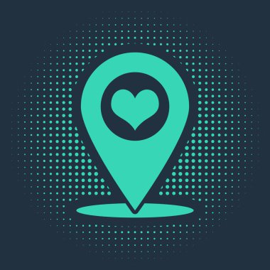 Mavi arkaplanda kalp simgesi olan yeşil harita işaretçisi. Soyut çember rastgele noktalar. Vektör İllüstrasyonu