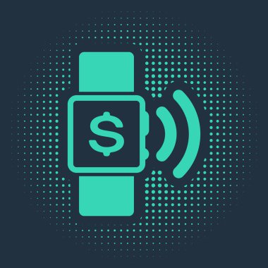 Yeşil Temassız ödeme ikonu mavi arka planda izole edildi. NFC teknolojisi ile akıllı seğirme kablosuz iletişim sağlıyor. Soyut çember rastgele noktalar. Vektör İllüstrasyonu