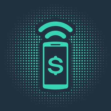 Yeşil Temassız ödeme ikonu mavi arka planda izole edildi. Cep telefonu teknolojisi, NFC, akıllı telefonlu kablosuz ödeme. Soyut çember rastgele noktalar. Vektör İllüstrasyonu