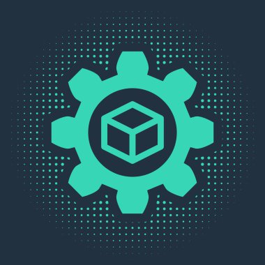 Yeşil Ürün geliştirme simgesi mavi arkaplanda izole edildi. Vites ve küp. Başlangıç koleksiyonundan ürün geliştirme sembolü tasarımı. Soyut çember rastgele noktalar. Vektör İllüstrasyonu