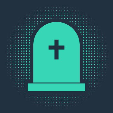 Mavi arka planda çapraz simgesi olan yeşil Tombstone. Mezar ikonu. Soyut çember rastgele noktalar. Vektör İllüstrasyonu