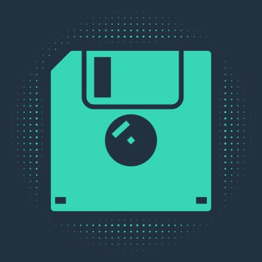 Bilgisayar veri depolama simgesi için yeşil disket mavi arkaplanda izole edildi. Disket işareti. Soyut çember rastgele noktalar. Vektör İllüstrasyonu