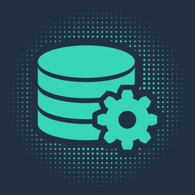 Yeşil ayar sunucu simgesi mavi arkaplanda izole edildi. Veritabanı Merkezi. Soyut çember rastgele noktalar. Vektör İllüstrasyonu