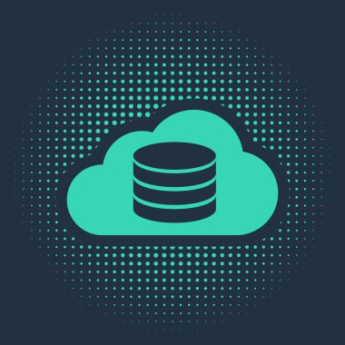 Yeşil Bulut veritabanı simgesi mavi arkaplanda izole edildi. Bulut hesaplama konsepti. Veri aktarımlı dijital servis ya da uygulama. Soyut çember rastgele noktalar. Vektör İllüstrasyonu