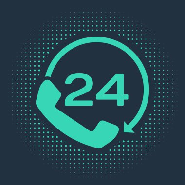 Yeşil Telefon, mavi arkaplanda 24 saat boyunca izole edilmiş destek ikonu. Tüm gün müşteri destek merkezi. Tam zamanlı çağrı servisi. Soyut çember rastgele noktalar. Vektör İllüstrasyonu