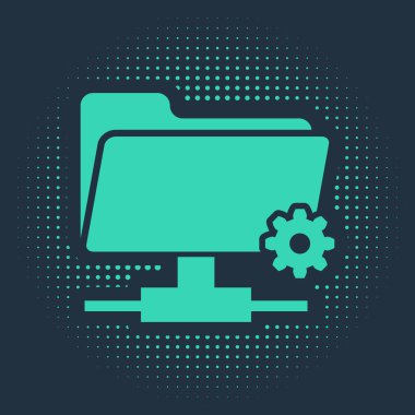 Yeşil Ftp ayarları dizin simgesi mavi arkaplanda izole edildi. Yazılım güncellemesi, transfer protokolü, yönlendirici, takım çalışması araç yönetimi, kopyalama işlemi. Soyut çember rastgele noktalar. Vektör İllüstrasyonu