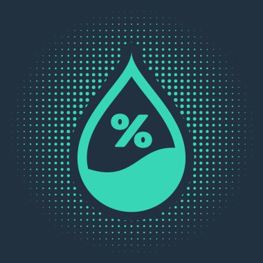 Mavi arkaplanda yeşil su bırakma yüzdesi simgesi izole edildi. Nem analizi. Soyut çember rastgele noktalar. Vektör İllüstrasyonu