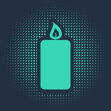 Mavi arkaplanda yeşil yanan mum simgesi izole edildi. Eski moda yanan mum. Silindirik aromatik mum çubuğu ve yanan ateş. Soyut çember rastgele noktalar. Vektör İllüstrasyonu