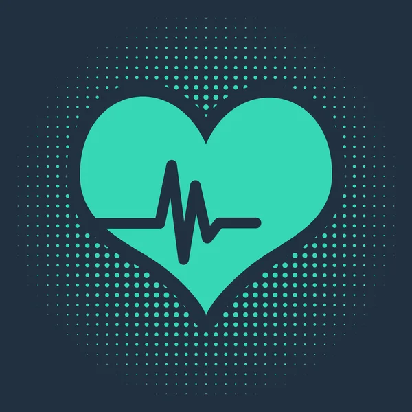 Groene hartslagpictogram geïsoleerd op blauwe achtergrond. Hartslagteken. Hartslag icoon. Cardiogram icoon. Abstracte cirkel willekeurige stippen. Vector Illustratie — Stockvector